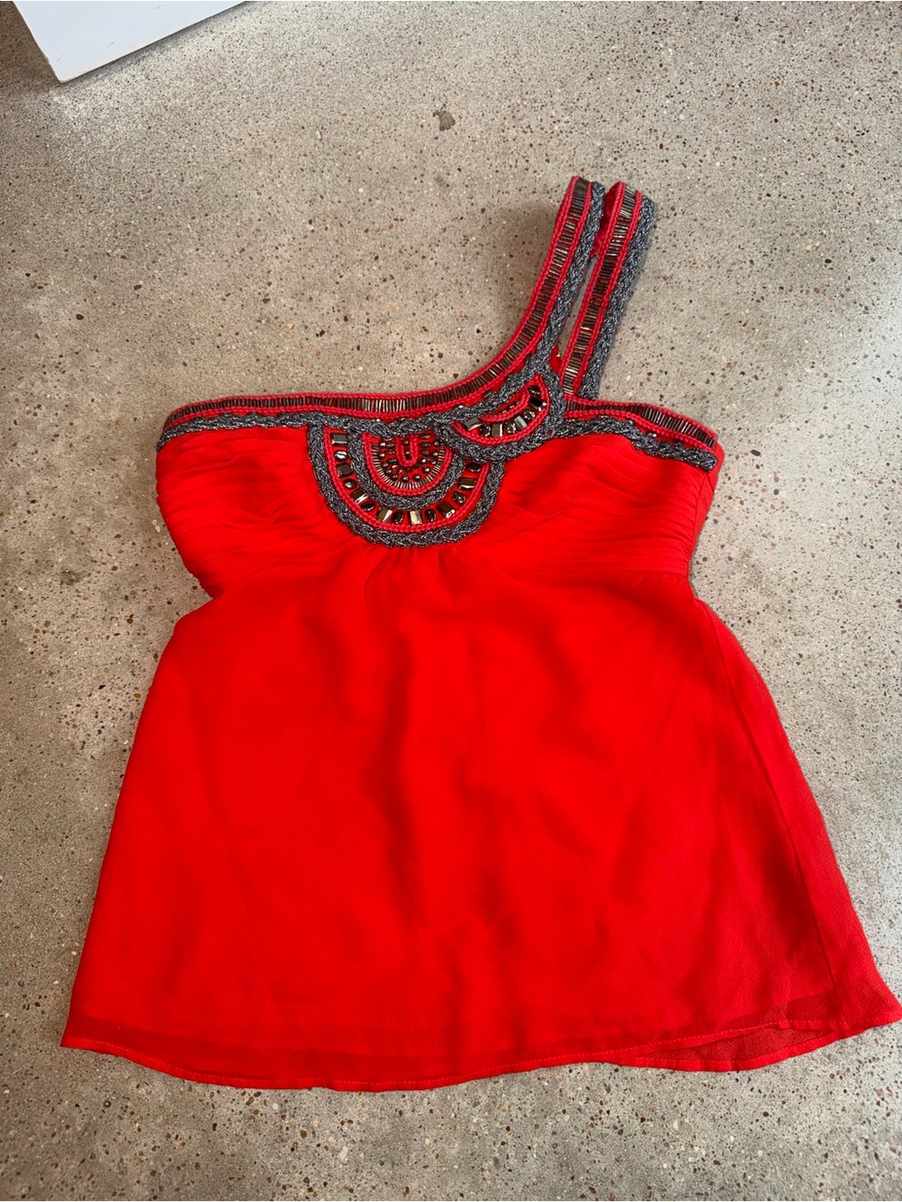 Silk Vintage BEBE One-Shoulder Red Beaded Babydoll Top